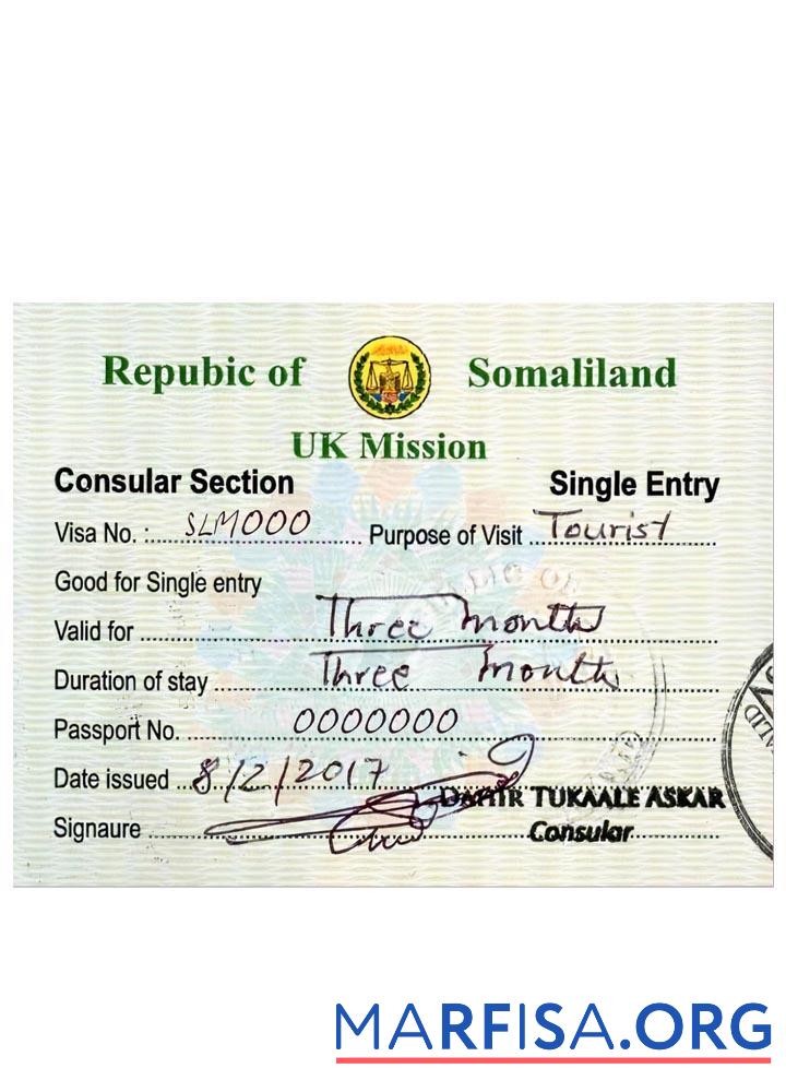 Downloadable Somaliland tourist visa sample